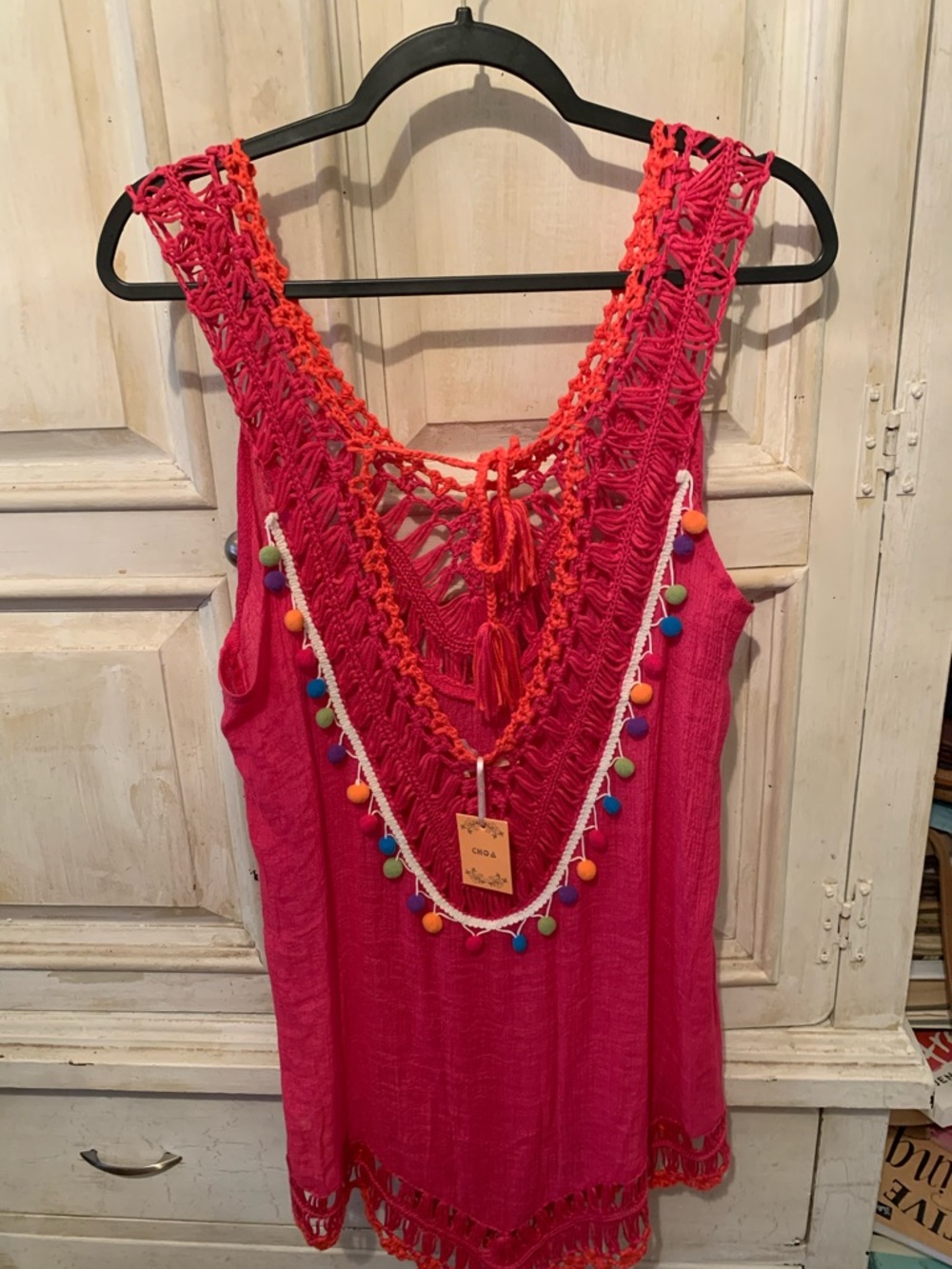 Bright Pink Crochet-Trim Swim Coverup with Pom Pom Detail